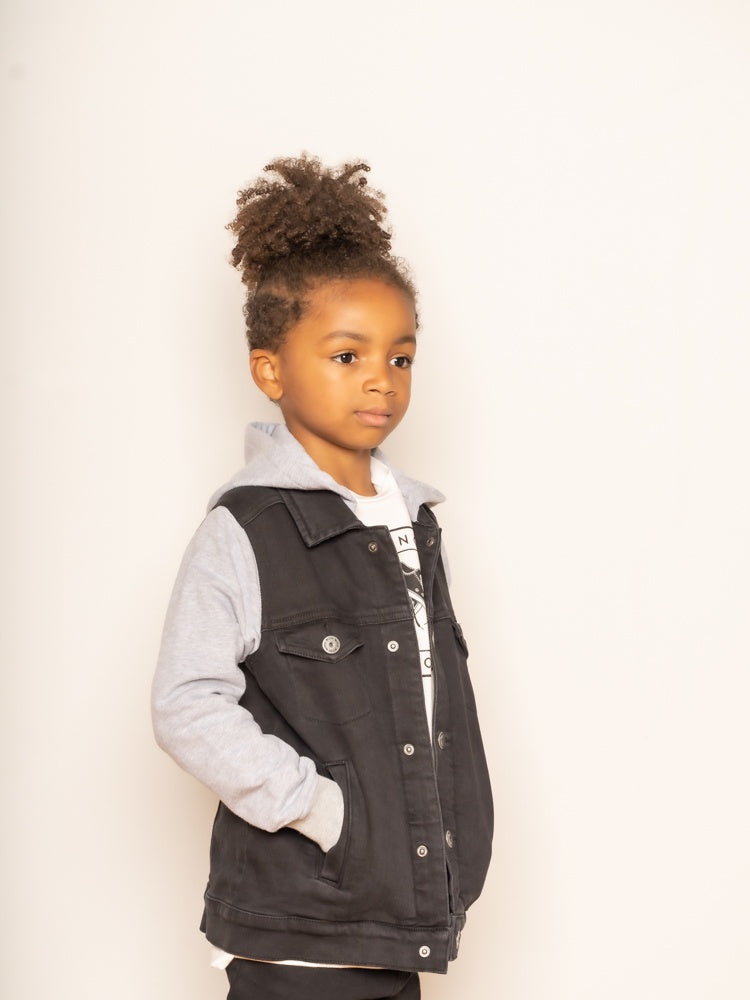 Hooded Fleece and Black Denim Jacket